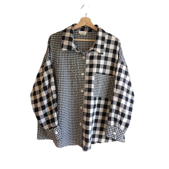 Andree By Unit Size 1X Mix Pattern Button Up Top Black Gray Gingham Check Plaid - Picture 1 of 10